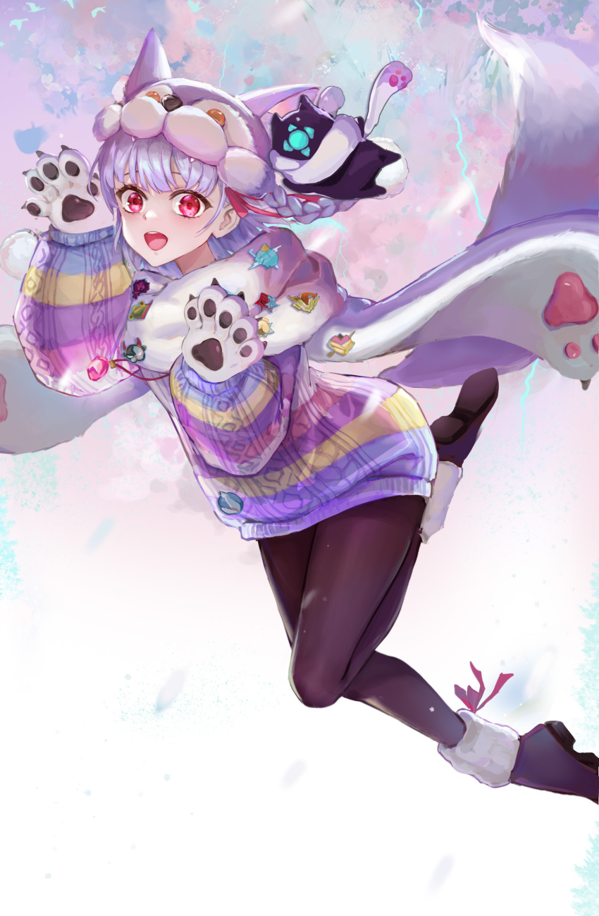 1girl :o absurdres albino animal_hands aquarzaaa black_footwear black_pantyhose braid fate/grand_order fate_(series) full_body gloves highres kama_(dream_portrait)_(fate) kama_(fate) looking_at_viewer multicolored_background multicolored_sweater official_alternate_costume open_mouth pantyhose paw_gloves paw_pose red_eyes scarf shoes short_hair solo striped striped_sweater sweater tail white_hair white_scarf wolf_hat wolf_tail
