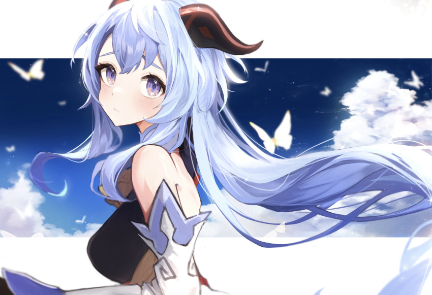 1girl absurdres ahoge bangs bare_shoulders bell blue_hair blue_sky blush breasts bug butterfly clouds detached_sleeves from_side ganyu_(genshin_impact) genshin_impact highres horns long_hair looking_at_viewer low_ponytail mashiro_io medium_breasts neck_bell sidelocks sky solo upper_body violet_eyes white_sleeves