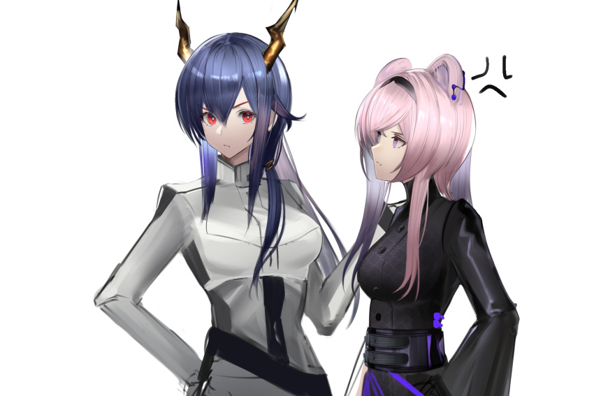 2girls anger_vein animal_ears arknights black_hairband black_jacket blue_hair breasts ch'en_(arknights) dragon_girl dragon_horns eugle_na hairband highres horns jacket lin_yuhsia_(arknights) long_hair long_sleeves looking_at_another looking_at_viewer low_twintails medium_breasts mouse_ears mouse_girl multiple_girls pink_eyes pink_hair red_eyes sidelocks simple_background twintails upper_body v-shaped_eyebrows white_background white_jacket wide_sleeves