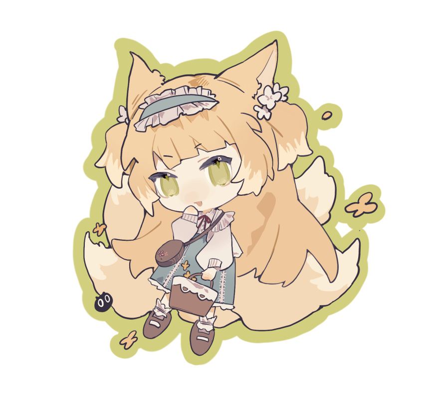 1girl arknights basket blonde_hair blue_dress blue_hairband brown_footwear chibi chuishui_(jinribuyiyujian38463) dress flower frilled_hairband frills green_eyes green_outline hair_flower hair_ornament hairband hand_up highres holding holding_basket long_hair long_sleeves looking_at_viewer neck_ribbon official_alternate_costume outline red_ribbon ribbon shoes short_eyebrows simple_background solo suzuran_(arknights) suzuran_(spring_praise)_(arknights) two_side_up very_long_hair white_background white_flower