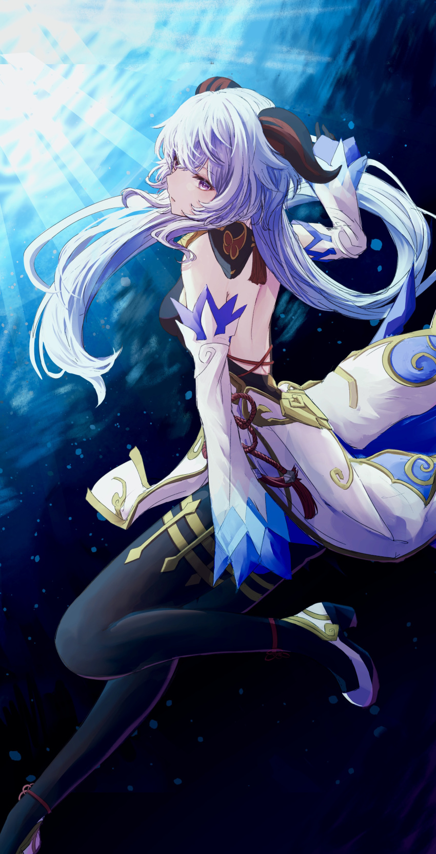 1girl absurdres ahoge back backless_outfit bangs blue_hair bow detached_sleeves floating from_behind full_body ganyu_(genshin_impact) genshin_impact gold_trim high_heels highres horns long_hair looking_at_viewer looking_back low_ponytail sidelocks solo thighlet violet_eyes waist_cape white_sleeves yagi_(yagi5art)