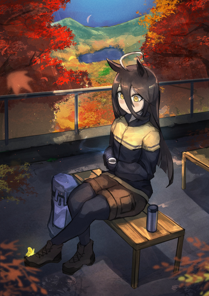 absurdres ahoge animal_ears autumn_leaves backpack bag bangs bench black_hair black_pantyhose boots bug butterfly coffee coffee_cup cup disposable_cup ear_tag hair_between_eyes highres hiking horse_ears horse_girl jacket lake long_bangs long_hair long_sleeves manhattan_cafe_(umamusume) nature on_bench pantyhose resting shorts sitting sitting_on_bench sportswear thermos tree umamusume watashinabe