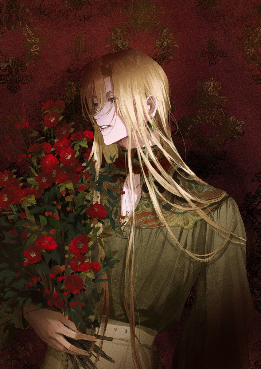 1boy bishounen blonde_hair bouquet caomufound earrings flower french_clothes highres holding holding_bouquet jewelry male_focus original profile red_flower solo straight_hair