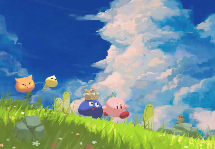 banana bandana bandana_waddle_dee basket beanbon blue_bandana bug butterfly cairn cappy_(kirby) character_request check_character chip_(kirby) closed_eyes clouds cloudy_sky dyna_blade floating flower food fruit gooey_(kirby) grass grasslands happy hataraku_ufo highres jobski kirby kirby_(series) leaf maxim_tomato mushroom open_mouth outdoors running scarfy scenery sky smile stone suyasuyabi ufo_(kirby) waddle_dee