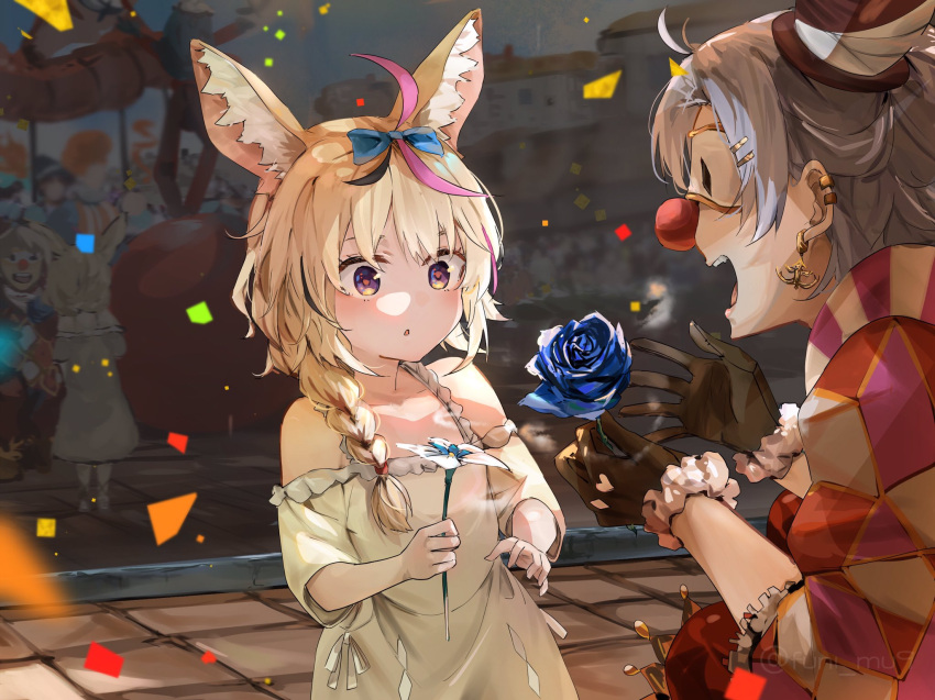 1girl aged_down animal_ears black_hair blonde_hair blue_flower blue_rose clown clown_nose confetti dress earrings flower fox_ears fox_girl funi_mu9 gloves hat highres hololive jewelry mask mini_hat mini_top_hat multicolored_hair omaru_polka open_mouth parted_lips pink_hair rose streaked_hair top_hat virtual_youtuber white_dress