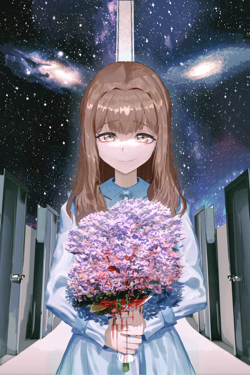 1girl absurdres bangs bleeding blood blue_dress bouquet brown_eyes brown_hair closed_mouth commentary_request copyright_request cowboy_shot door dress furrowed_brow galaxy highres holding holding_bouquet long_hair long_sleeves looking_at_viewer ryeon_(bluetom1) sky smile solo standing star_(sky) starry_sky