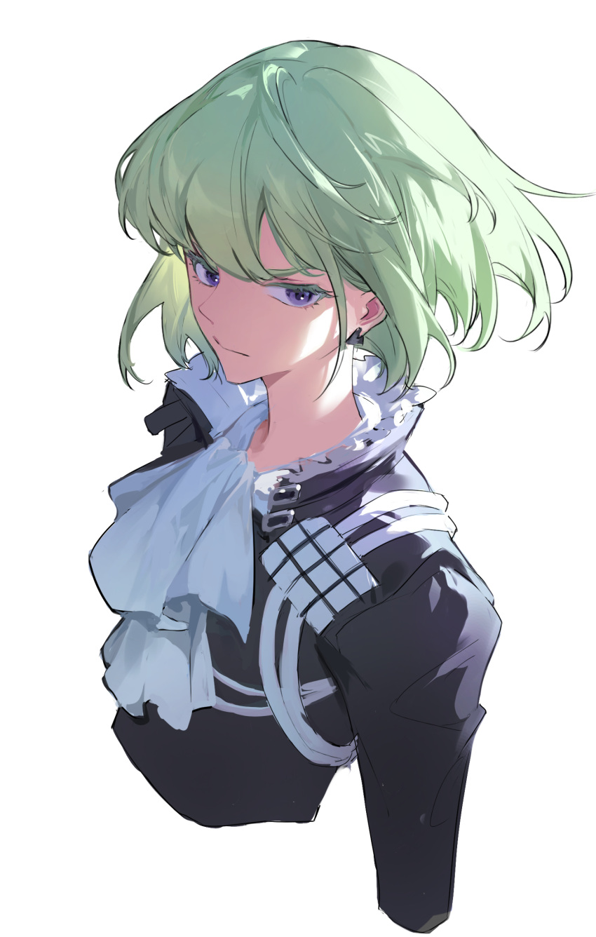 absurdres androgynous ascot bangs black_jacket closed_mouth from_above green_hair highres jacket kurasamerukia lio_fotia long_sleeves male_focus promare short_hair sidelocks simple_background studded upper_body violet_eyes white_ascot white_background