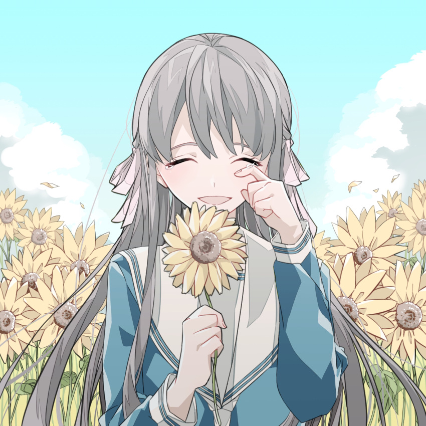 1girl :d blue_serafuku blue_sky blush brown_hair closed_eyes clouds cloudy_sky flower fruits_basket holding holding_flower honda_tooru long_hair long_sleeves okome_shoujo open_mouth school_uniform serafuku sky smile solo sunflower tears wiping_tears yellow_flower