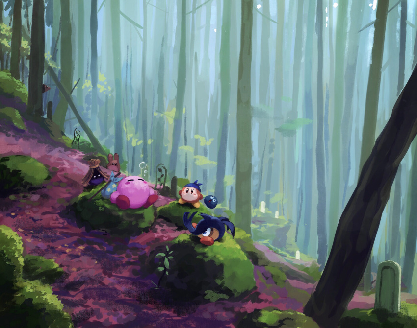 bandana bandana_waddle_dee blue_bandana bubble character_request closed_eyes closed_mouth day forest highres kirby kirby_(series) looking_at_another nature outdoors rock scenery sleeping suyasuyabi tree