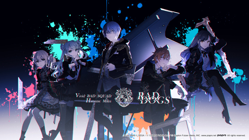 2boys 3girls ankle_socks aoyagi_touya arm_up azusawa_kohane bangs black_background black_bow black_bowtie black_hair black_jacket black_skirt black_thighhighs blue_eyes blue_hair bow bowtie brown_eyes character_name chromatic_aberration closed_mouth crossed_legs dress dress_shirt english_text floating gradient_hair grand_piano green_eyes green_hair grey_shirt hair_between_eyes hair_bow hair_ribbon hair_rings hatsune_miku high_heels highres instrument invisible_chair jacket knees_together_feet_apart light_brown_hair long_hair long_sleeves looking_at_viewer multicolored_hair multiple_boys multiple_girls official_art orange_eyes paint parted_lips piano picture_frame project_sekai rella ribbon shinonome_akito shiraishi_an shirt short_hair short_twintails sitting skirt smile socks song_name split-color_hair split_mouth swept_bangs thigh-highs twintails vivid_bad_squad_(project_sekai) vocaloid waistcoat white_shirt wrist_cuffs zettai_ryouiki