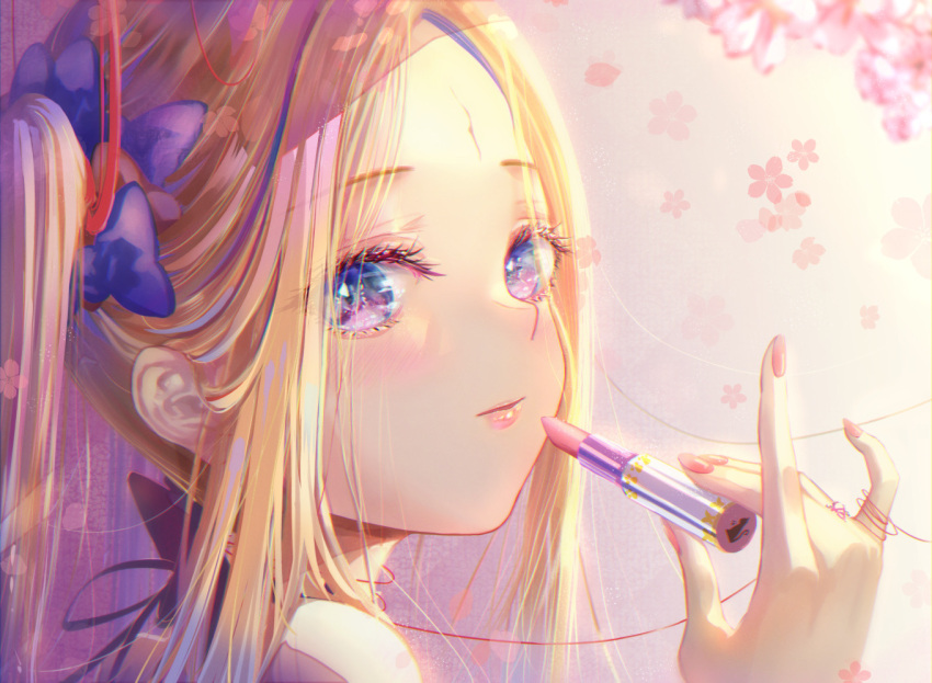 1girl abigail_williams_(fate) bare_shoulders blonde_hair blue_bow bow closed_mouth commentary_request cosmetics fate/grand_order fate_(series) floral_background flower hair_bow hand_up holding kinom_(sculpturesky) lipstick_tube long_hair nail_polish pink_lips pink_nails portrait sidelocks solo twintails violet_eyes white_flower