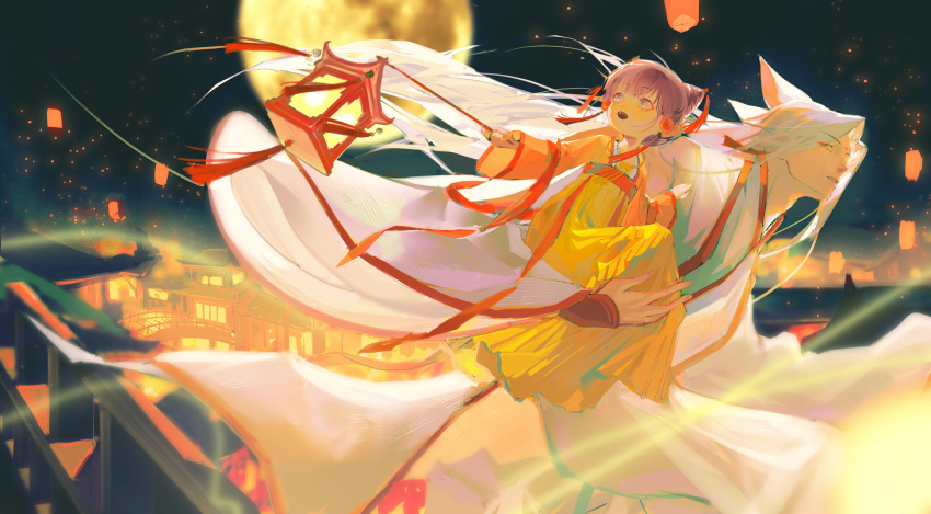 1boy 1girl absurdres aged_down animal_ears arm_support bangs chinese_clothes floating fox_boy fox_ears full_moon hanfu highres holding holding_lantern lantern light_and_night_love long_hair long_sleeves mid-autumn_festival moon night night_sky outdoors paper_lantern protagonist_(light_and_night_love) qi_sili silk sitting sitting_on_person sky tishi85401 white_hair