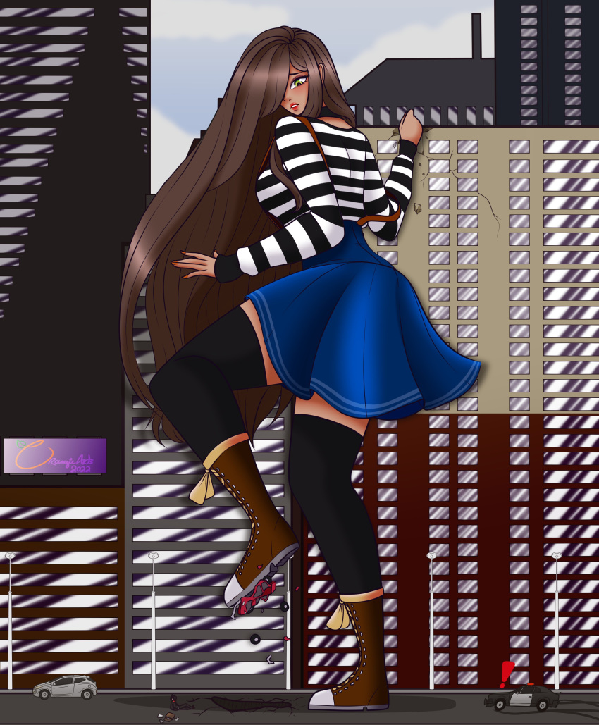absurdres breasts brown_footwear brown_hair building car cityscape crushed dark_skin day destruction giant giantess green_eyes ground_shatter ground_vehicle highres long_hair medium_breasts motor_vehicle orangiearts police_car shirt size_difference skirt striped striped_shirt suspender_skirt suspenders thigh-highs worried