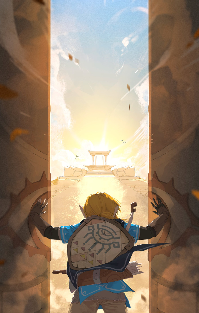 1boy absurdres blonde_hair blue_shirt blurry bow_(weapon) brown_gloves brown_pants cowboy_shot day from_behind gloves highres link male_focus nomeringo open_door pants petals pointy_ears ponytail shield shirt sunlight the_legend_of_zelda the_legend_of_zelda:_breath_of_the_wild torii weapon weapon_on_back