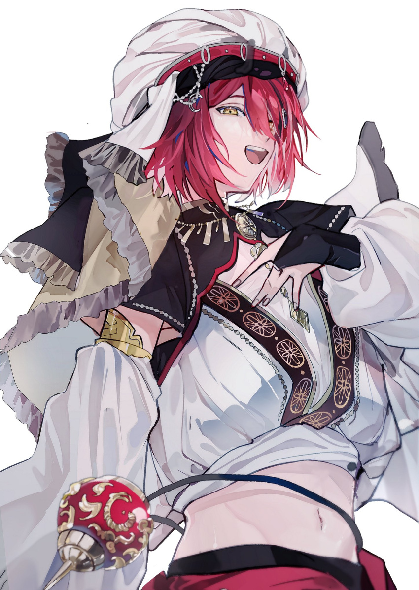 1boy arabian_clothes bridal_gauntlets crescent crop_top detached_sleeves gold_trim hair_between_eyes hair_ornament hanasaki_miyabi hand_on_own_chest highres holostars looking_at_viewer medium_hair official_alternate_costume puffy_sleeves redhead shirt short_sleeves simple_background solo suda_(svdaaa) turban upper_body veil virtual_youtuber white_background white_shirt yellow_eyes