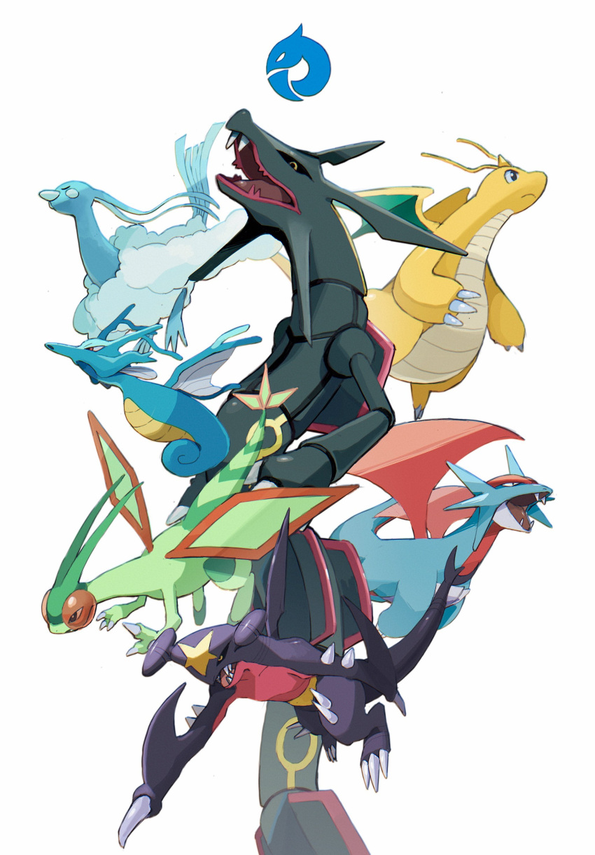 absurdres altaria alternate_color black_sclera claws closed_mouth colored_sclera commentary dragon dragonite eastern_dragon flygon frown garchomp gogot highres kingdra open_mouth pokemon rayquaza salamence sharp_teeth shiny_pokemon simple_background spikes teeth white_background yellow_eyes