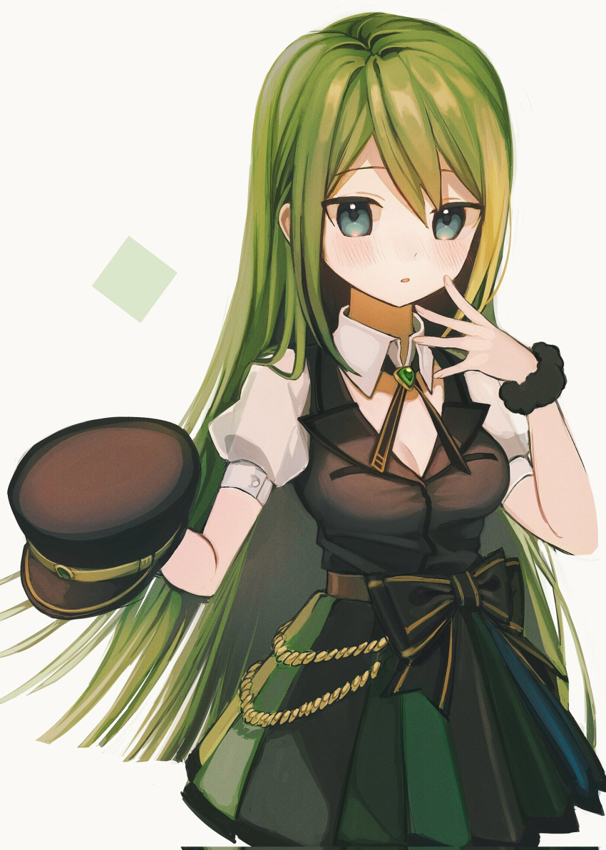1girl alina_gray aqua_eyes black_bow black_headwear black_necktie black_vest blunt_ends bow brooch chain collar cross_tie detached_collar fur_cuffs gem green_gemstone green_hair hair_between_eyes hat highres jewelry lapels long_hair magia_record:_mahou_shoujo_madoka_magica_gaiden magical_girl mahou_shoujo_madoka_magica miniskirt multicolored_clothes multicolored_hair multicolored_skirt necktie notched_lapels peaked_cap pleated_skirt puffy_short_sleeves puffy_sleeves roseziny see-through see-through_sleeves short_sleeves sidelocks skirt sleeve_cuffs solo straight_hair streaked_hair striped striped_skirt v-neck vertical-striped_skirt vertical_stripes very_long_hair vest waist_bow white_collar white_sleeves
