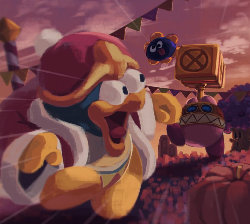 clouds cloudy_sky covered_face flag flying gloves gooey_(kirby) grass hammer hat hataraku_ufo jacket king_dedede kirby kirby_(series) mask open_mouth outdoors pumpkin running sky sunset surprised suyasuyabi tongue tree whispy_woods