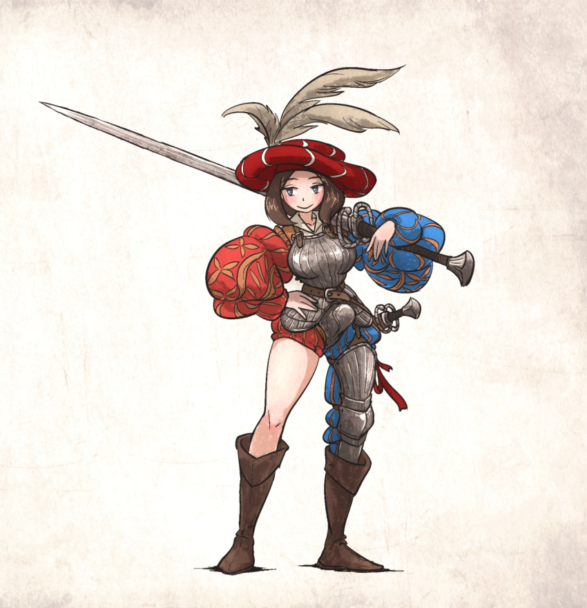 1girl armor asymmetrical_legwear blue_eyes boots breastplate brown_footwear brown_hair closed_mouth codpiece english_commentary full_body greaves hat hat_feather highres holding holding_sword holding_weapon landsknecht long_sleeves medium_hair original puffy_long_sleeves puffy_sleeves red_headwear single_greave smile solo standing sword vanishlily weapon zweihander