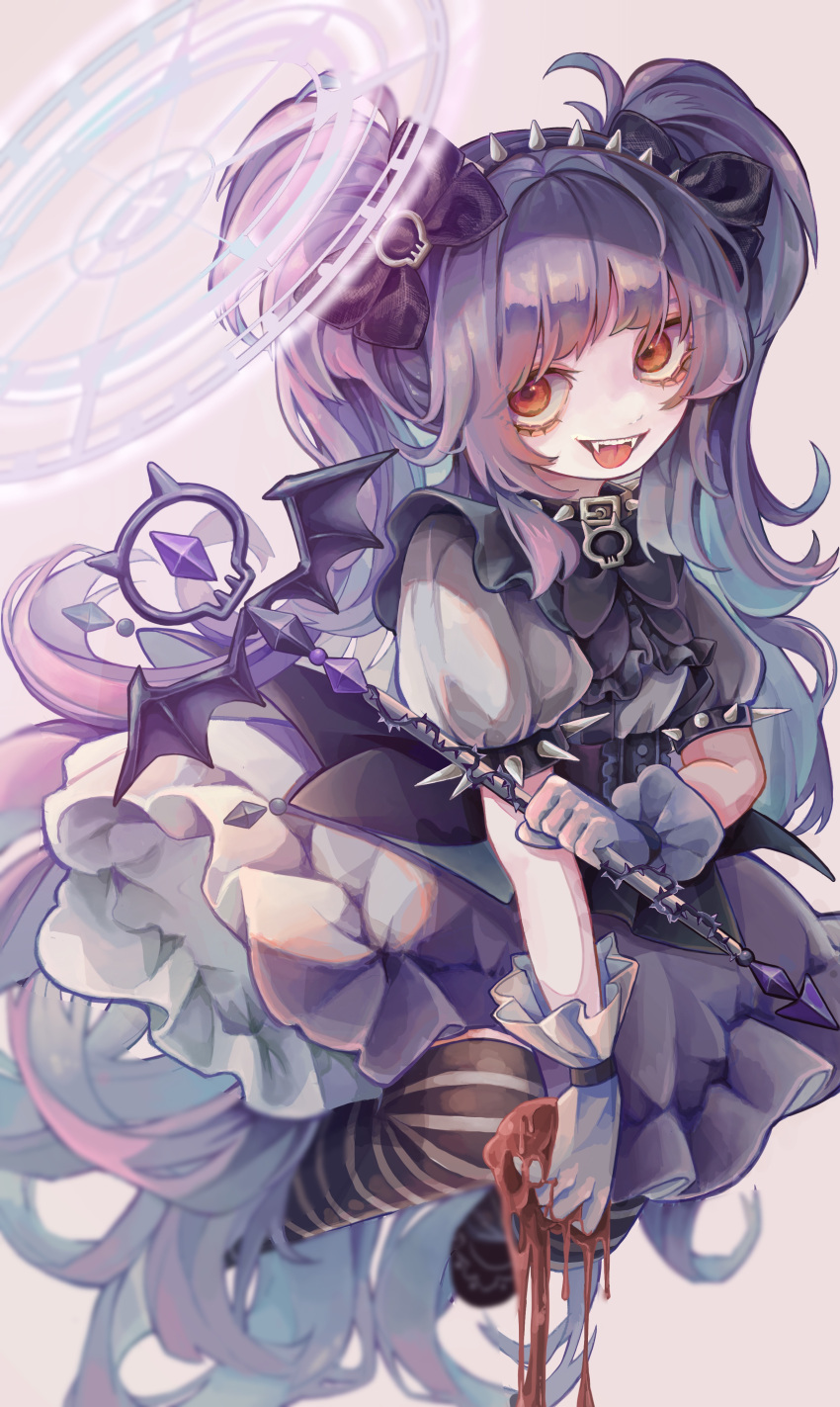 1girl :d absurdres armlet bangs black_bow black_bowtie black_dress black_pantyhose bow bowtie commentary_request dress fangs frills grey_background grey_dress hair_bow hairband highres holding holding_staff layered_dress long_hair original pantyhose puffy_short_sleeves puffy_sleeves red_eyes shiny shiny_hair short_sleeves smile spiked_armlet spiked_hairband spikes staff striped striped_pantyhose tira_27 tongue tongue_out twintails