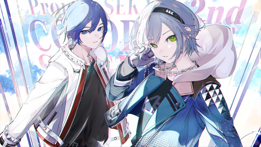 1boy 1girl anniversary black_hairband black_shirt blue_eyes blue_hair blue_jacket chain_necklace commentary_request gloves green_eyes grey_gloves grey_hair hairband hand_in_own_hair highres hinomori_shiho jacket jewelry kaito_(vocaloid) leo/need_(project_sekai) long_sleeves looking_at_viewer maimuro necklace official_art parted_lips project_sekai shirt short_hair studded_hairband studded_jacket studs unzipped white_jacket wing_collar
