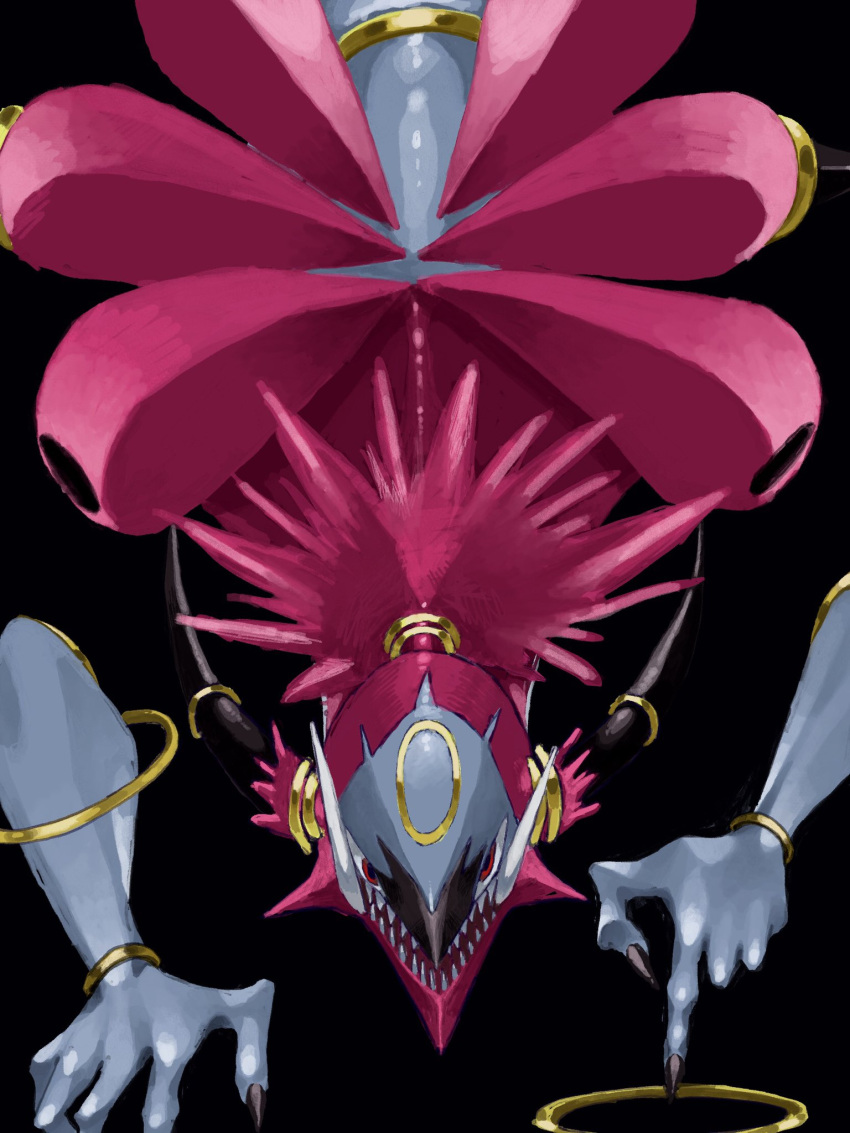 black_background bracelet commentary_request gogot highres hoop hoopa hoopa_(unbound) horn_ornament horn_ring horns jewelry looking_down no_humans open_mouth pokemon pokemon_(creature) ponytail red_eyes sharp_teeth solo teeth