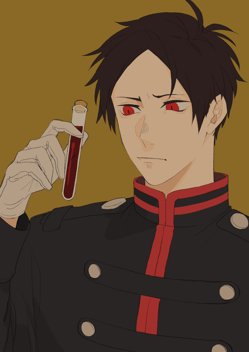 1boy black_hair black_jacket blood closed_mouth code_zero_uniform gloves highres holding holding_test_tube jacket jin5387 kurusu_shutaro looking_at_object male_focus mars_red military military_jacket military_uniform red_eyes slit_pupils test_tube uniform vampire white_gloves yellow_background