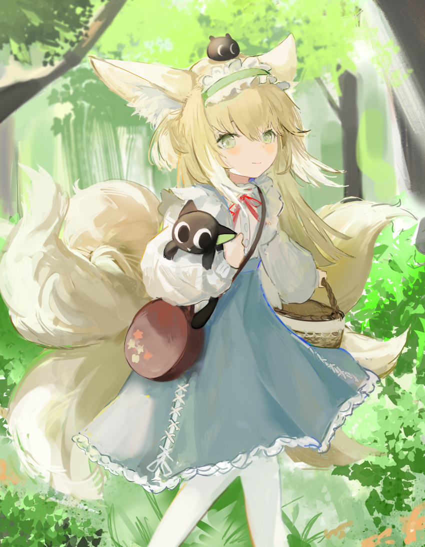 1girl absurdres animal animal_ear_fluff animal_ears animal_on_head arknights basket black_cat blonde_hair blue_dress blue_hairband blush cat cat_on_head day dress forest fox_ears fox_girl fox_tail frilled_hairband frills gnai green_eyes hair_down hairband highres holding holding_animal holding_basket holding_cat kitsune long_hair long_sleeves looking_at_viewer multicolored_hair multiple_tails nature on_head outdoors pantyhose red_ribbon ribbon smile solo streaked_hair suzuran_(arknights) suzuran_(spring_praise)_(arknights) tail tree walking white_hair white_pantyhose