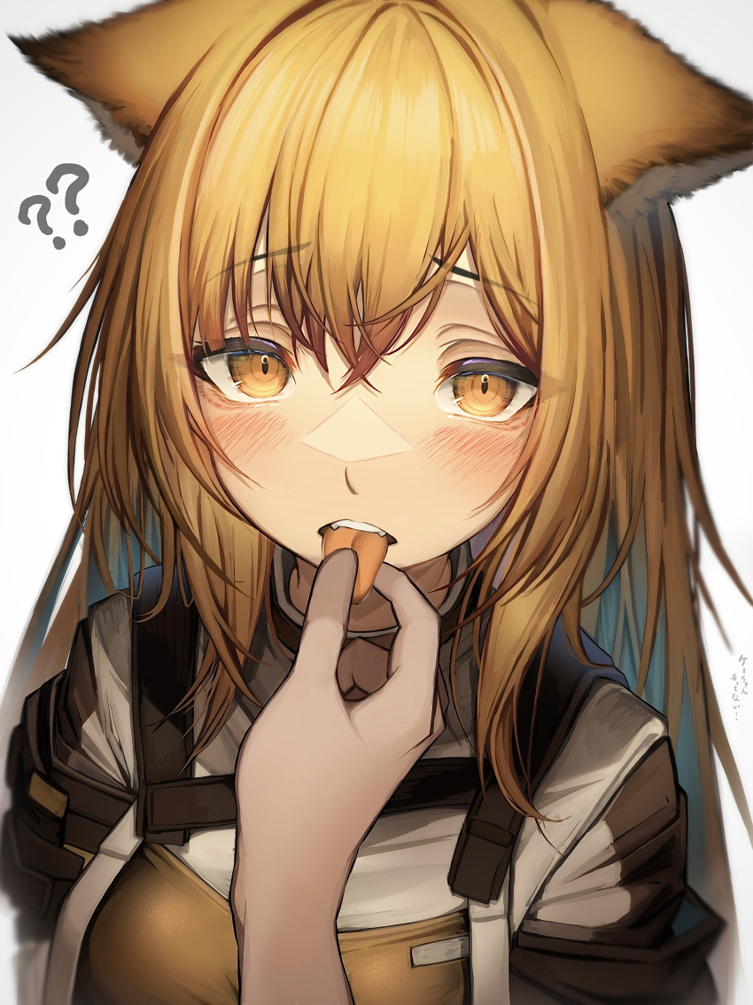 1girl ? ?? absurdres arknights blonde_hair ceobe_(arknights) commentary_request highres long_hair looking_at_viewer solo_focus tab_head teeth tongue tongue_out upper_body upper_teeth