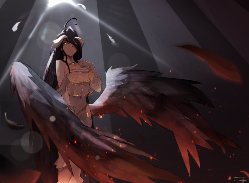 1girl absurdres ahoge albedo_(overlord) black_feathers black_hair black_wings closed_mouth demon_girl demon_horns dress feathered_wings feathers frown highres horns light_rays long_hair low_wings overlord_(maruyama) sleeveless slim_(sl1m_skull) slit_pupils solo standing white_dress white_horns wings yellow_eyes