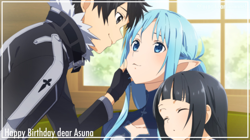 1boy 2girls aco_(bearchannel) asuna_(sao-alo) bangs black_coat black_eyes black_gloves black_hair blue_eyes blue_hair character_name closed_eyes closed_mouth coat couple eye_contact fingerless_gloves framed gloves happy_birthday head_on_another's_shoulder hetero highres kirito_(sao-alo) long_hair long_sleeves looking_at_another multiple_girls pointy_ears shiny shiny_hair short_hair smile sword_art_online yui_(sao)