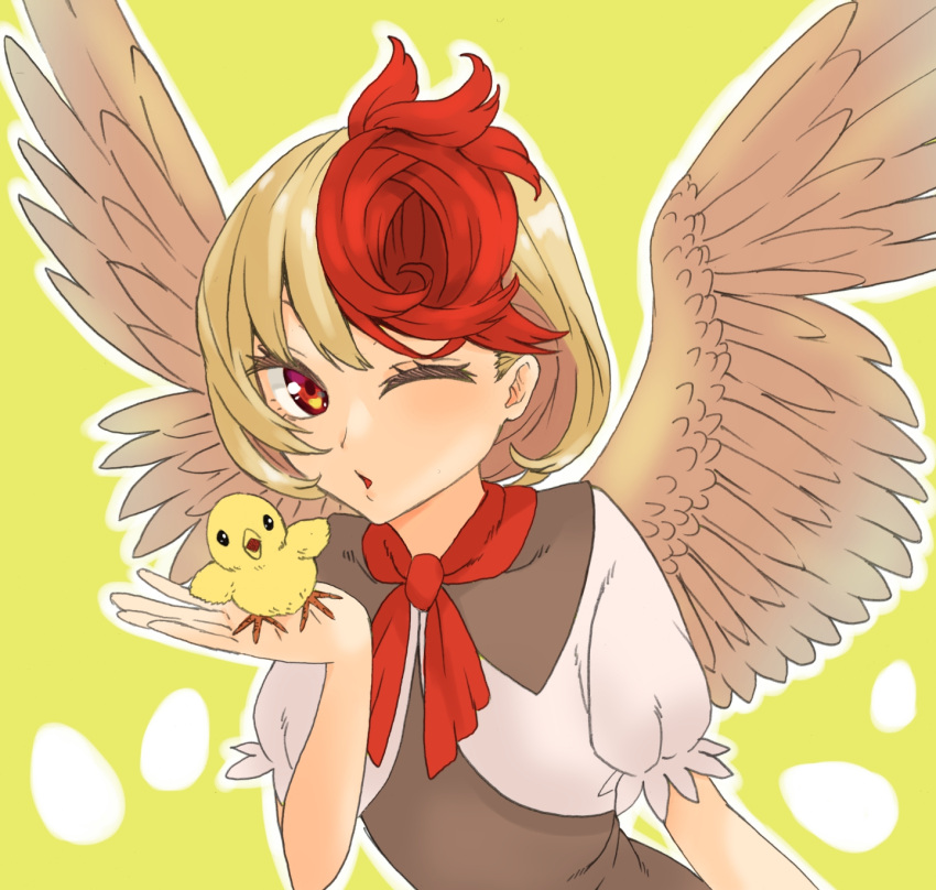 1girl animal bangs bird bird_wings blonde_hair brown_dress chick commentary_request dress feathered_wings flat_chest highres holding holding_animal holding_bird ke-su looking_at_viewer multicolored_hair neckerchief niwatari_kutaka one_eye_closed open_mouth puffy_short_sleeves puffy_sleeves red_eyes red_neckerchief redhead shirt short_hair short_sleeves solo touhou two-tone_hair upper_body white_shirt wings yellow_wings