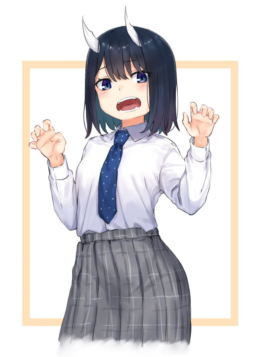 1girl absurdres aoki_ruri black_hair blue_eyes blue_necktie blush breasts claw_pose collared_shirt grey_skirt highres horns long_sleeves looking_at_viewer m.tokotsu necktie open_mouth ruri_dragon shirt shirt_tucked_in short_hair skirt slit_pupils small_breasts solo teeth upper_body white_shirt