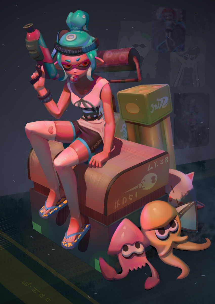 1girl animal animal_print aqua_hair black_shorts blue_footwear blue_nails bracelet bubble_blowing callie_(splatoon) cat chewing_gum chinese_commentary clothing_cutout flip-flops h.an_(516635864) hand_up heart_cutout high_ponytail highres holding inkling jewelry judd_(splatoon) marie_(splatoon) nail_polish octoling octoling_girl octopus octopus_print orange_eyes ponytail poster_(object) print_footwear sandals shorts sideways_hat sitting skindentation splat_bomb_(splatoon) splat_roller_(splatoon) splatoon_(series) splattershot_(splatoon) squid suction_cups super_soaker tank_top tenta_missiles_(splatoon) tentacle_hair thigh-highs toeless_legwear toenail_polish toenails visor_cap white_tank_top white_thighhighs zettai_ryouiki