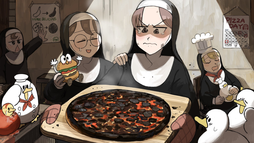 4girls :d =_= animal bird blonde_hair brown_eyes brown_hair burnt burnt_food calendar_(object) catholic chef_hat chicken clumsy_nun_(diva) commentary disappointed diva_(hyxpk) duck duckling english_commentary food froggy_nun_(diva) glasses glasses_nun_(diva) habit hand_on_another's_shoulder hand_on_wall hat highres holding holding_animal holding_bird hungry_nun_(diva) little_nuns_(diva) multiple_girls neckerchief nose_bubble nun oven_mitts pizza poster_(object) red_neckerchief redhead shaded_face sleeping smile smirk stuffed_toy surprised tearing_up tomato_sauce triangle_mouth wavy_eyes wavy_mouth