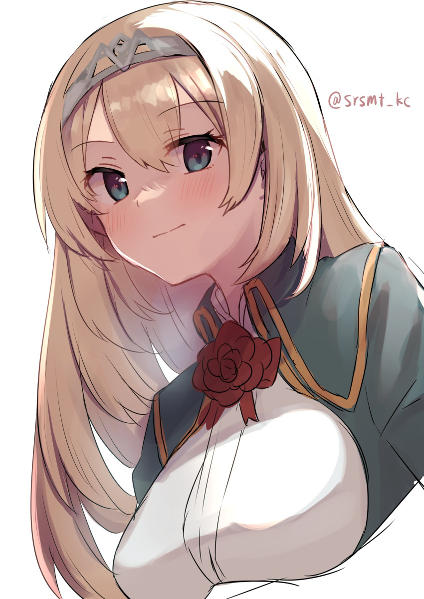 1girl absurdres blonde_hair blue_eyes breasts cropped_jacket cropped_torso dress_shirt flower highres kantai_collection large_breasts long_hair military military_uniform one-hour_drawing_challenge red_flower red_rose rose shirasumato shirt simple_background solo uniform upper_body victorious_(kancolle) white_background white_shirt
