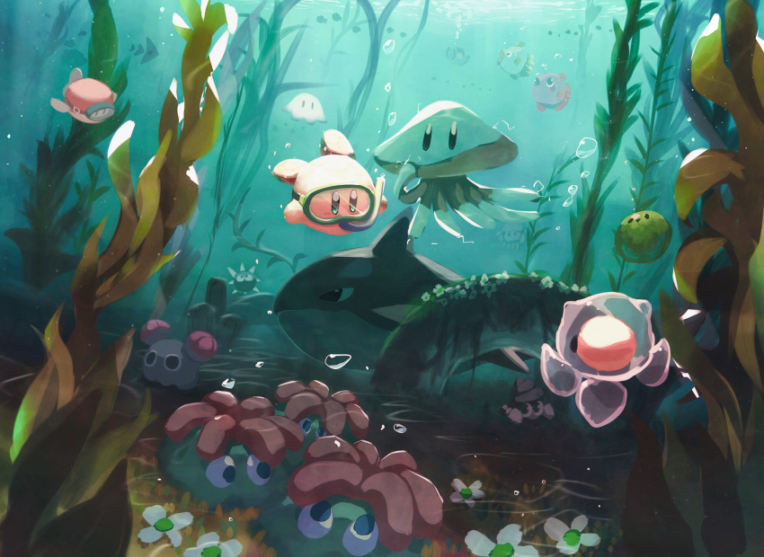 acro_(kirby) afloat asphyxiation birdon_(kirby) blipper bubble character_request coner craby_(kirby) creature day diving diving_mask drowning fish fishbone_(kirby) flower glunk_(kirby) goggles gordo grass highres jellyfish kine_(kirby) kirby kirby_(series) master_green_(kirby) mine_(kirby) mony_(kirby) no_humans ocean orca scenery seaweed shark slushy_(kirby) squibby squishy_(kirby) suyasuyabi swimming tentacles underwater waddle_dee zebon