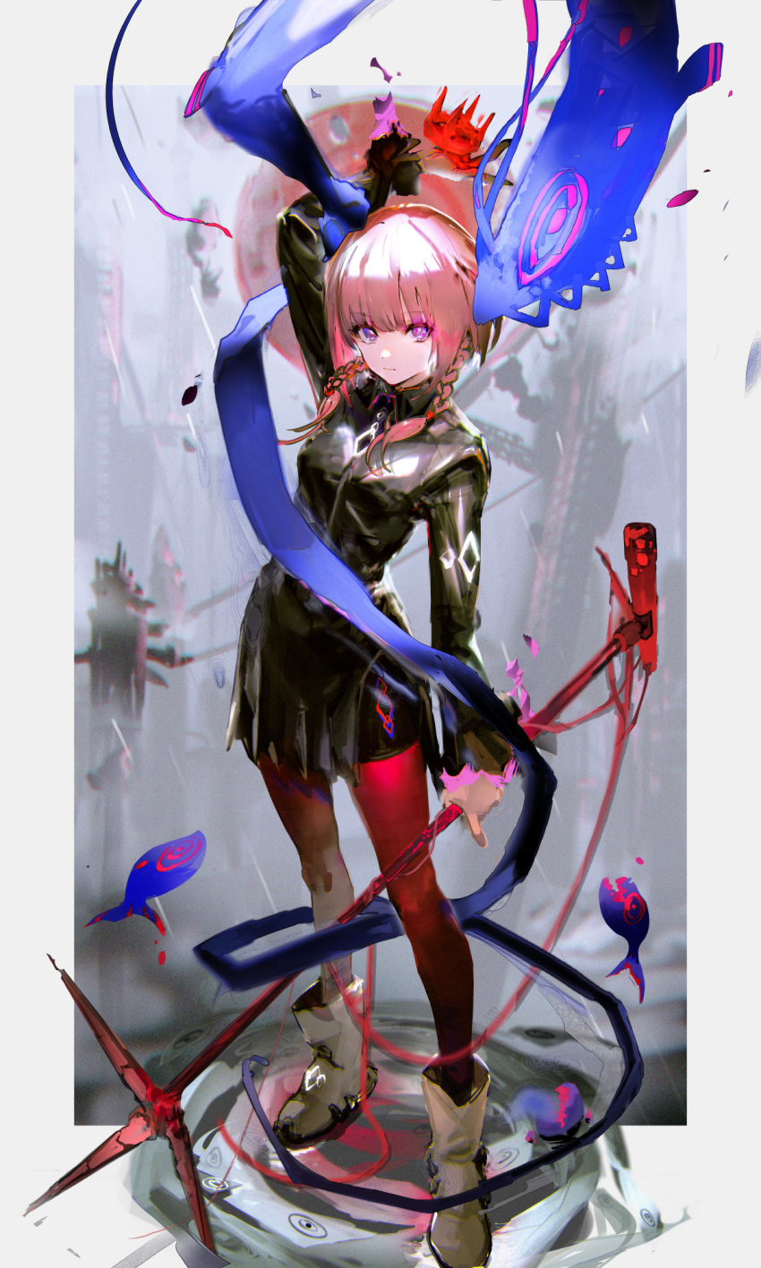 1girl black_jacket boots braid closed_mouth dot_nose hand_up highres holding holding_microphone_stand jacket kaf_(kamitsubaki_studio) kamitsubaki_studio long_sleeves looking_at_viewer microphone_stand pantyhose pink_hair red_pantyhose so-bin solo twin_braids violet_eyes white_footwear