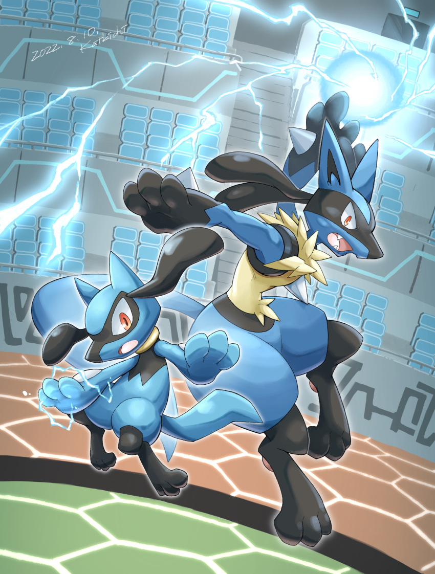 2boys absurdres blue_fur commentary_request energy_ball fantasy furry furry_male highres holding holding_weapon incoming_attack katkichi looking_at_viewer lucario multiple_boys no_humans open_mouth outdoors pokemon pokemon_(creature) red_eyes riolu spikes tail weapon