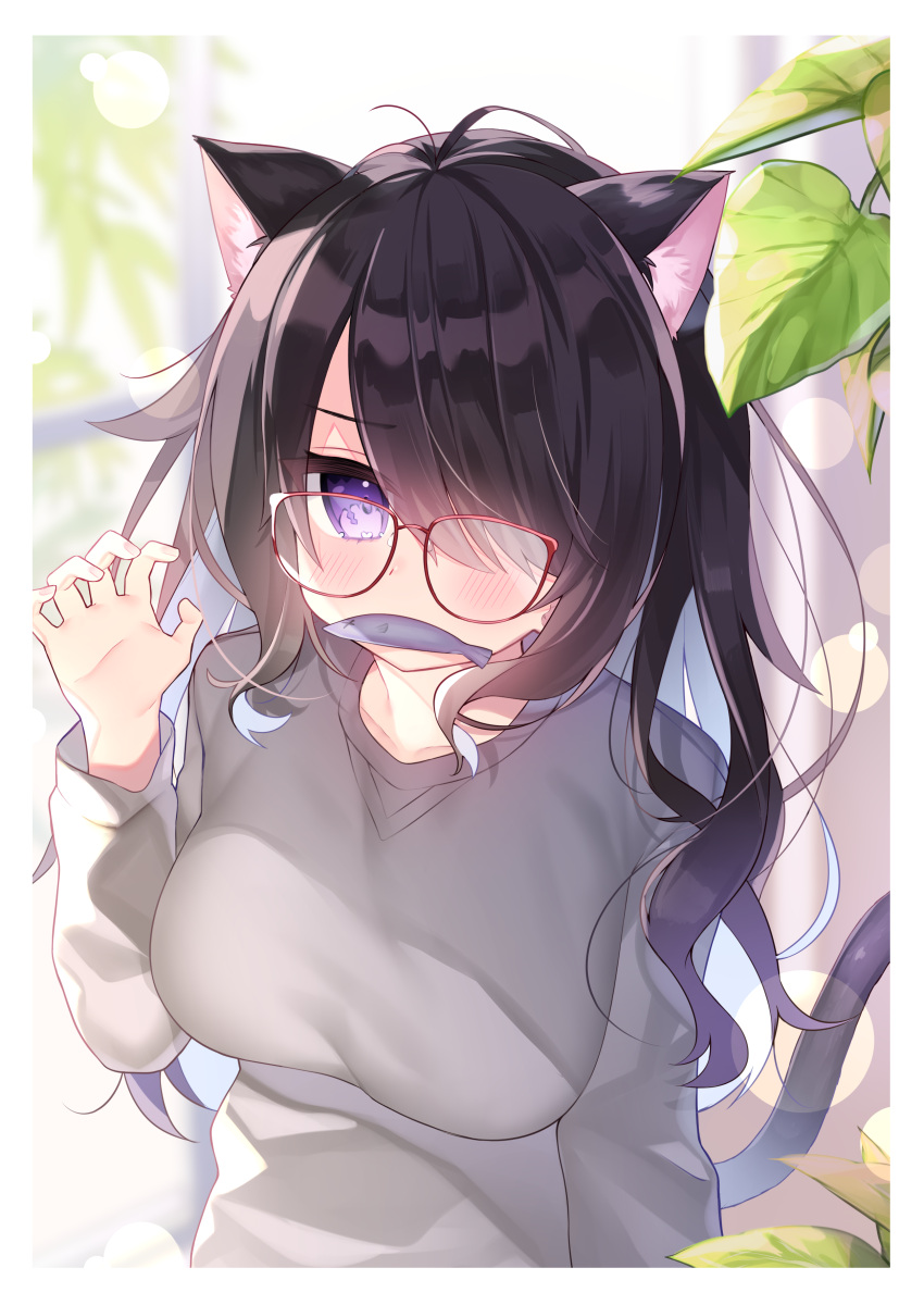 1girl absurdres animal_ear_fluff animal_ears bangs black_hair blush border breasts cat_ears cat_tail chihiro_(khorosho) clenched_hand fish fish_in_mouth food glass glasses gradient gradient_hair grey_sweater hair_over_one_eye highres indoors large_breasts long_hair long_sleeves looking_at_viewer messy_hair multicolored_hair one_eye_covered original paw_pose plant pose purple_hair red-framed_eyewear sidelocks solo sweater tail violet_eyes white_border window