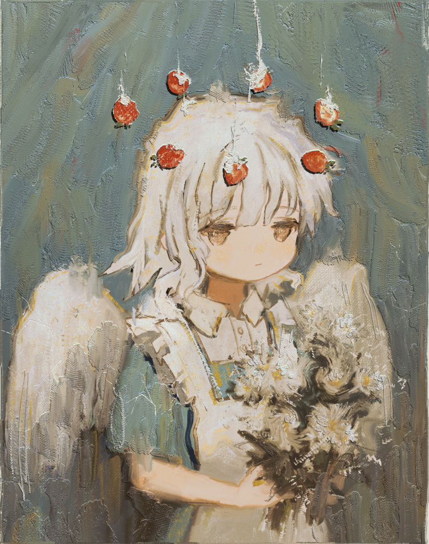1girl absurdres angel angel_wings apron bangs brown_eyes buttons closed_mouth collared_shirt dandelion dress flower food frills fruit hair_between_eyes halo highres holding light_frown looking_at_viewer medium_hair oil_painting_(medium) open_collar original painting_(medium) paradis47 shirt short_sleeves simple_background solo standing strawberry traditional_media white_apron white_hair white_shirt white_wings wings
