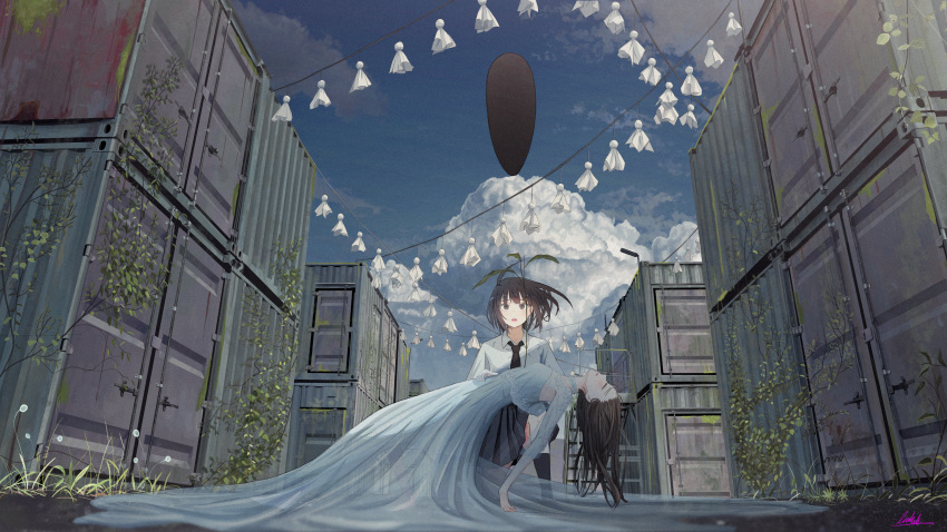 2girls absurdres banishment black_eyes black_hair black_necktie blue_dress blue_sky brown_hair carrying clouds collared_shirt commentary_request container day dress fainted highres holding kneehighs kneeling long_hair multiple_girls necktie original outdoors pleated_skirt revision scenery school_uniform shipping_container shirt short_hair short_sleeves signature skirt sky socks unconscious white_shirt