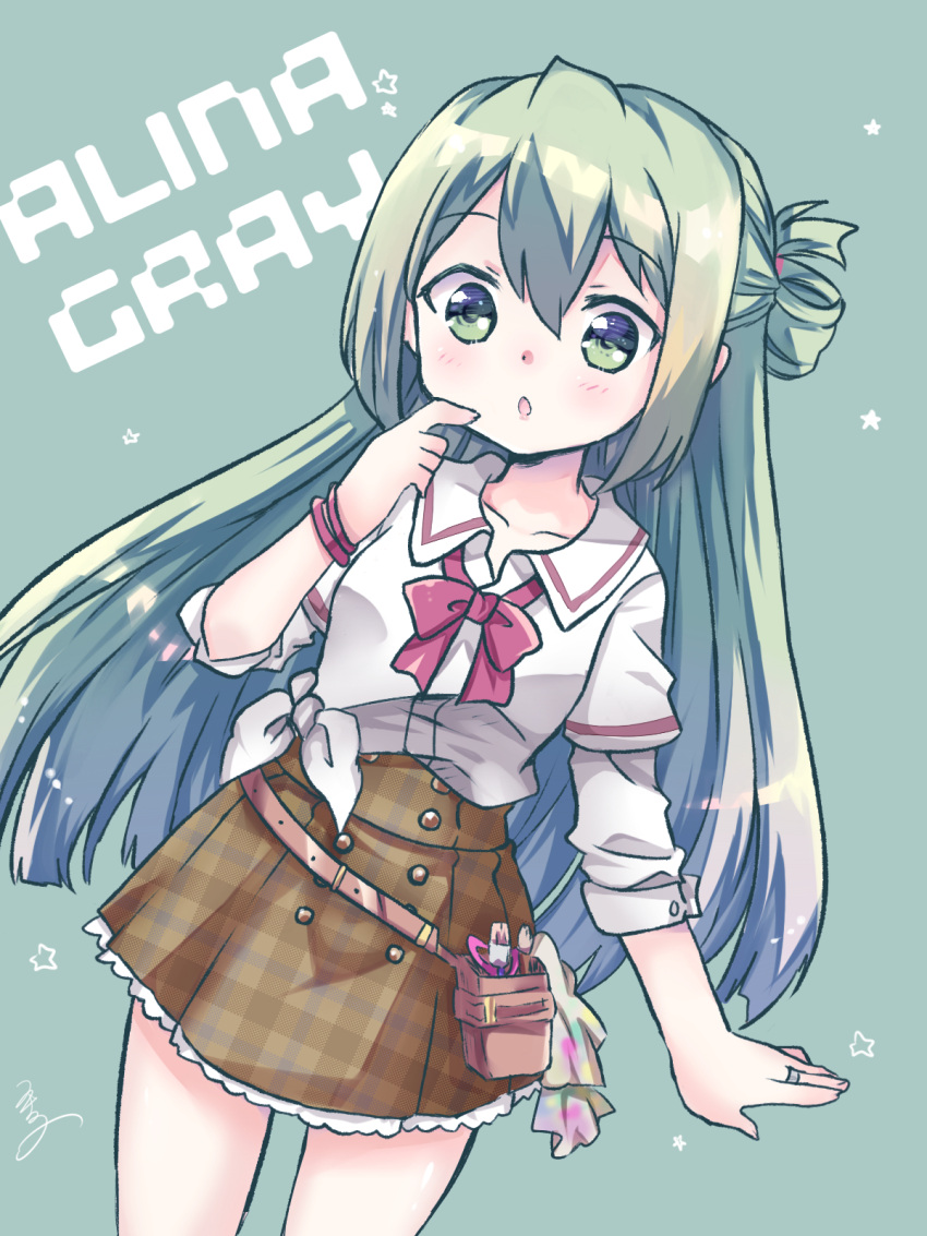 1girl alina_gray belt_pouch blunt_ends blush bow bowtie breasts green_eyes green_hair hair_between_eyes hair_rings highres jewelry komatsu_tsumako long_hair loose_bowtie magia_record:_mahou_shoujo_madoka_magica_gaiden mahou_shoujo_madoka_magica multicolored_hair open_mouth paint_stains pouch rag red_wristband ring sakae_general_school_uniform school_uniform side-tie_shirt sidelocks skirt sleeves_rolled_up small_breasts solo straight_hair streaked_hair very_long_hair wristband
