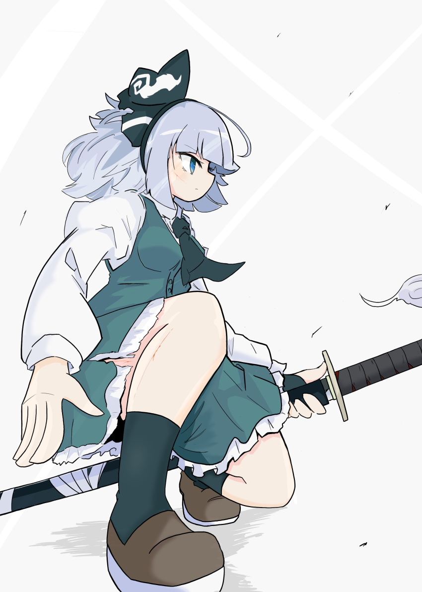 1girl absurdres ascot black_ascot black_ribbon blue_eyes brown_footwear closed_mouth commentary_request cuts full_body grey_hair hair_ribbon highres holding holding_sword holding_weapon injury juliet_sleeves katana knee_up konpaku_youmu long_sleeves medium_hair profile puffy_sleeves ribbon sheath shirt shoes solo squatting sword tatutaniyuuto touhou unsheathing weapon white_shirt