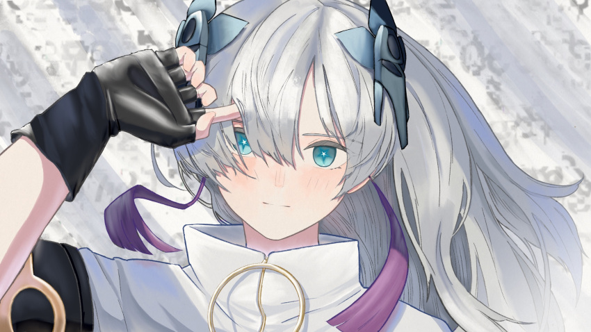 1girl arm_up black_gloves blue_eyes bright_pupils cevio closed_mouth commentary expressionless fingerless_gloves gloves grey_hair hair_ornament hair_over_one_eye hand_in_own_hair high_collar highres kamitsubaki_studio long_hair looking_at_viewer portrait ruffling_hair sekai_(cevio) sodemizu solo star-shaped_pupils star_(symbol) symbol-shaped_pupils white_hair white_pupils zipper_pull_tab