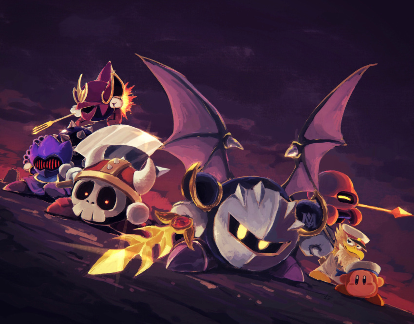 armor axe axe_knight_(kirby) bat_wings captain_vul clouds cloudy_sky dark_clouds fake_horns flail galaxia_(sword) helmet highres horned_helmet horns javelin_knight kirby_(series) kirby_super_star looking_at_viewer mace_knight mask meta_knight overcast polearm sailor_waddle_dee shoulder_armor skull sky suyasuyabi sword trident trident_knight weapon white_headwear wings