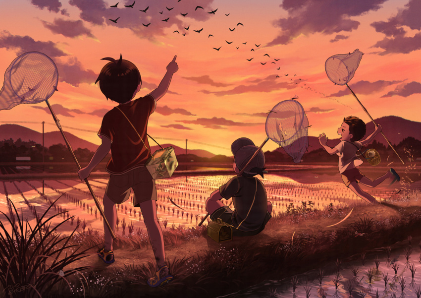 &gt;o&lt; 3boys antenna_hair baseball_cap basket bird_wings bug butterfly butterfly_net child closed_eyes clouds cloudy_sky commentary_request evening from_behind gradient_sky grass green_footwear hand_net hat holding holding_butterfly_net horizon insect_cage male_child male_focus mountain mountainous_horizon multiple_boys noeyebrow_(mauve) on_ground open_mouth orange_sky original outdoors pointing power_lines red_shirt red_shorts rice_paddy road shirt short_hair shorts sitting sky smile summer sunset tree utility_pole water white_shirt wings