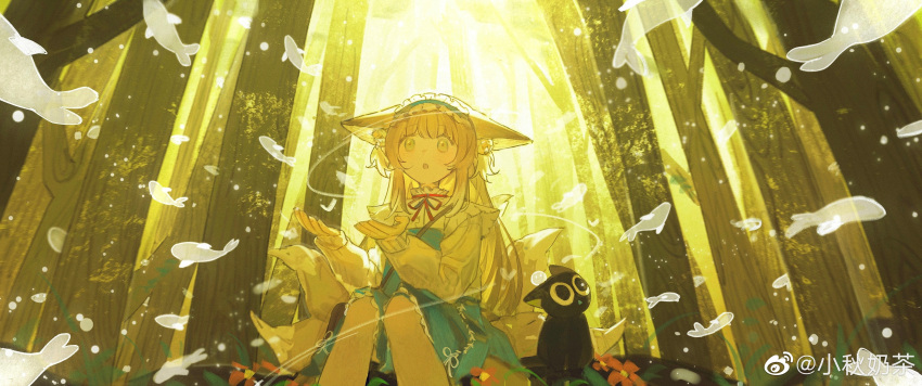 1girl :o absurdres animal_ear_fluff arknights backlighting bag black_cat blonde_hair blue_dress blue_hairband blush brown_bag cat chinese_commentary commentary dress feet_out_of_frame fingernails fish flower forest fox_girl fox_tail frilled_hairband frills grass green_eyes hairband handbag highres long_hair long_sleeves looking_up luoxiaohei multiple_tails nature neck_ribbon official_alternate_costume open_mouth red_flower red_ribbon ribbon shirt sitting solo suzuran_(spring_praise)_(arknights) tail the_legend_of_luo_xiaohei weibo_logo weibo_username white_ribbon white_shirt xiaoqiu_naicha