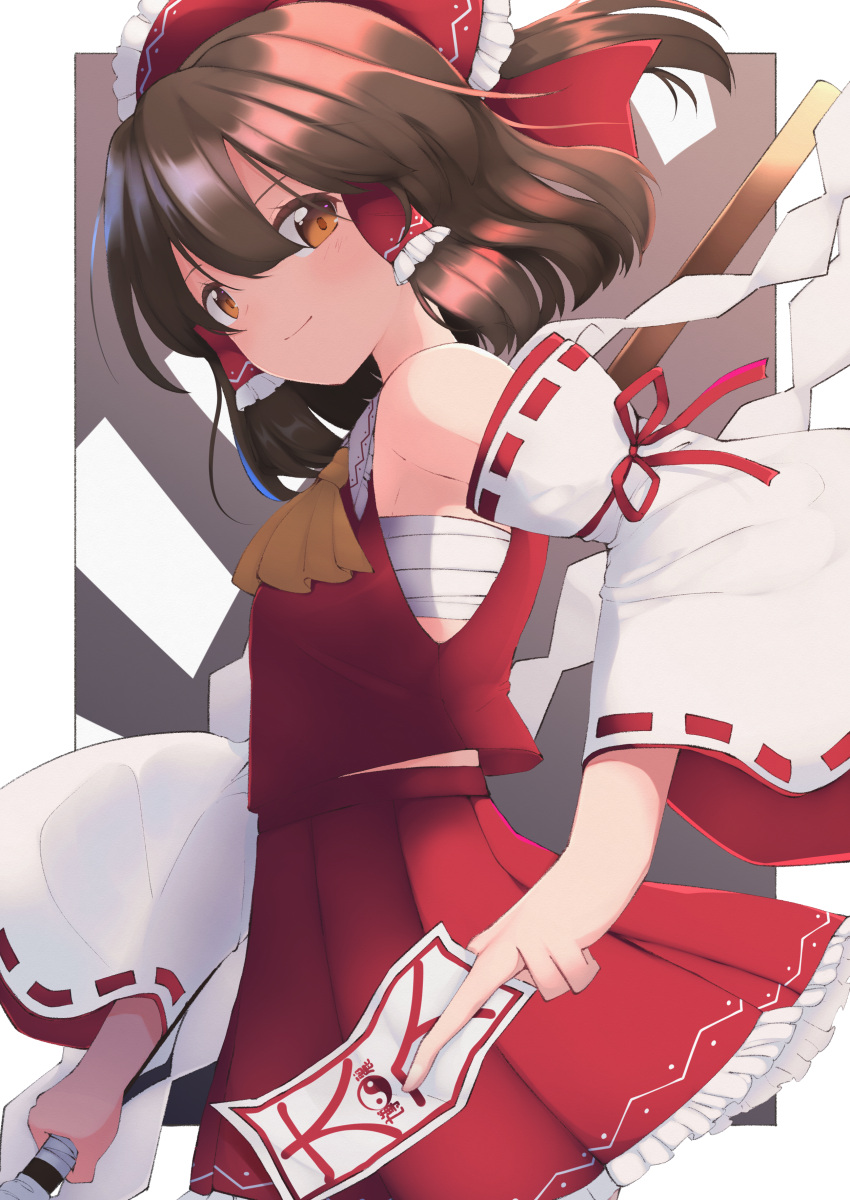 1girl absurdres ascot bangs bare_shoulders bow brown_eyes brown_hair closed_mouth commentary_request cowboy_shot detached_sleeves frilled_bow frilled_hair_tubes frills from_side gbcolor_(naza) gohei hair_between_eyes hair_bow hair_tubes hakurei_reimu highres holding_gohei looking_at_viewer medium_hair ofuda red_bow red_skirt red_vest ribbon-trimmed_sleeves ribbon_trim sarashi sideways_glance skirt smile solo touhou vest white_sleeves wide_sleeves yellow_ascot yin_yang