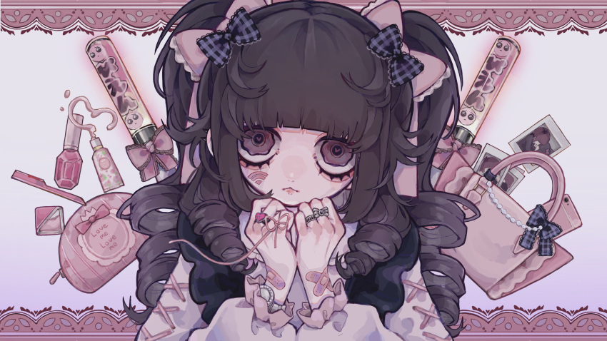1girl :&lt; absurdres bandaid bandaid_on_arm bangs bow brown_hair closed_mouth dress drill_hair emoji hair_bow hands_up highres jewelry long_sleeves looking_at_viewer original pink_eyes pink_ribbon plaid plaid_bow pleading_face_emoji ribbon ring solo tira_27 twintails watch watch